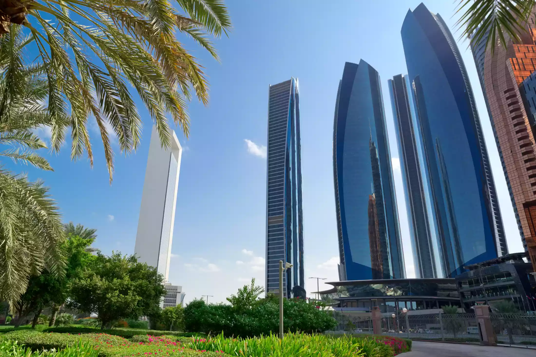 View of skyscrapers from one of countless parks in Abu Dhabi.