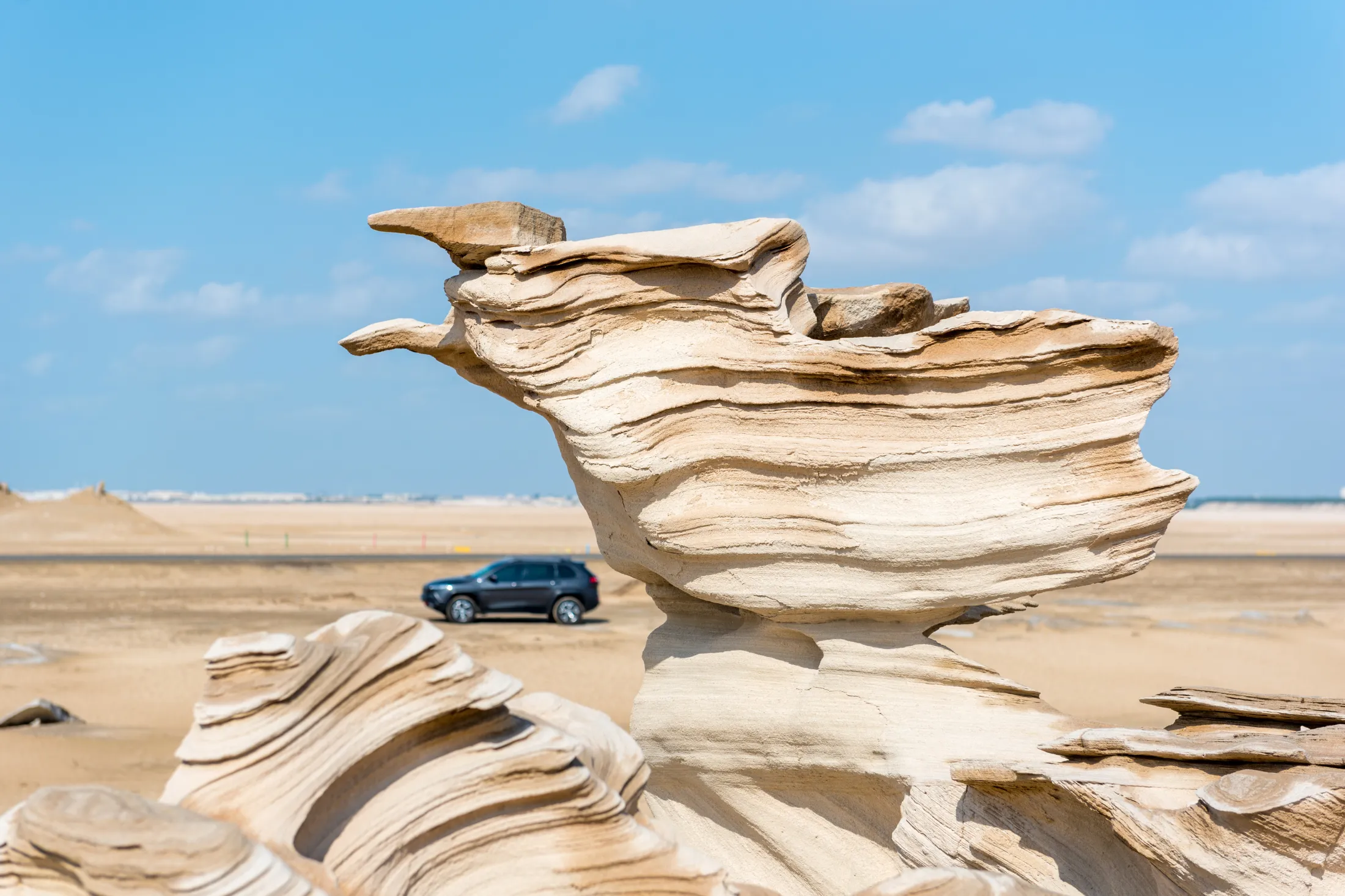 Driving among the Fossil dunes towards Long Salt Lake Abu Dhabi