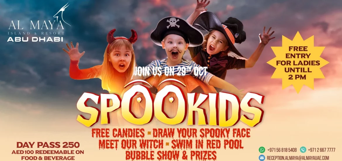 Banner for a Halloween party for kids called spookids at the Al Maya resort in Abu Dhabi