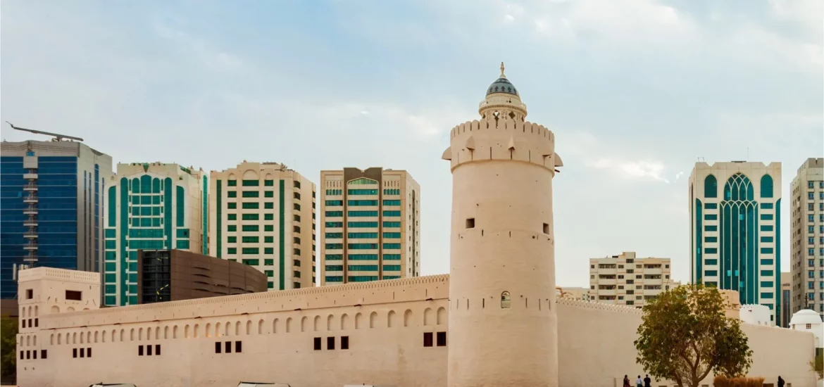 Qasr Al Hosn fort with Abu Dhabi skyline in the background