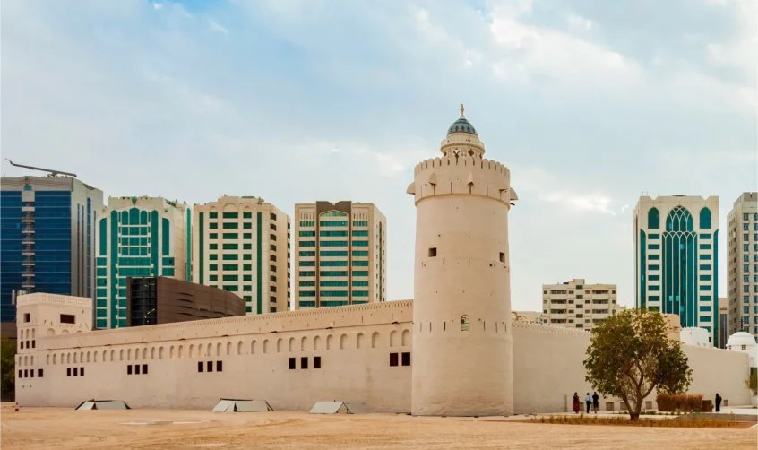 Qasr Al Hosn fort with Abu Dhabi skyline in the background