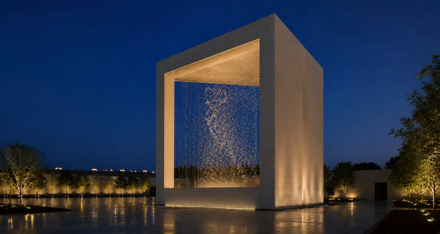 The Constellation lit at dusk, its suspended shapes forming the portrait of Sheikh Zayed
