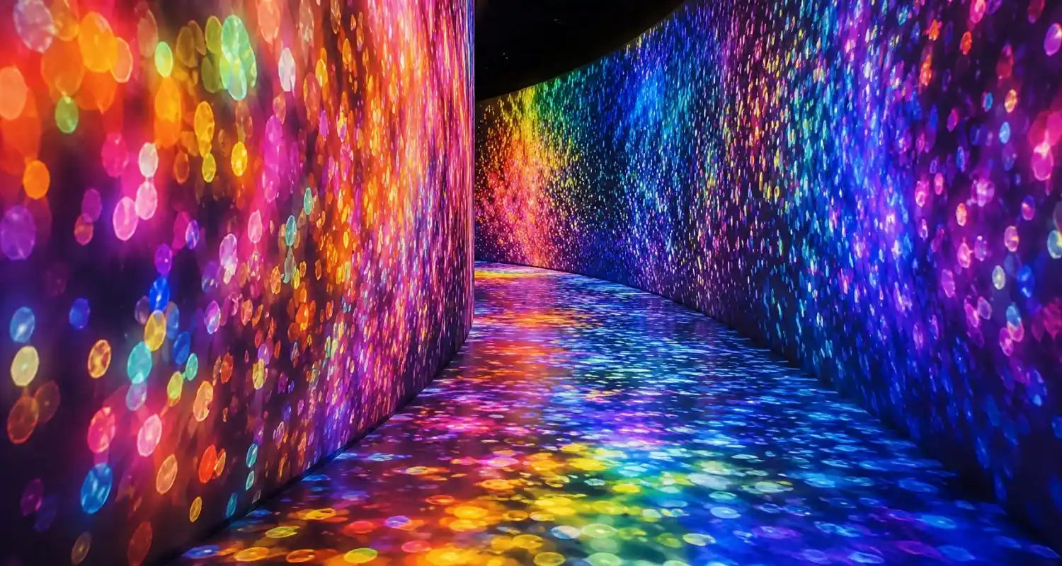 teamLab Phenomena Abu Dhabi immersive digital art corridor filled with colorful light projections