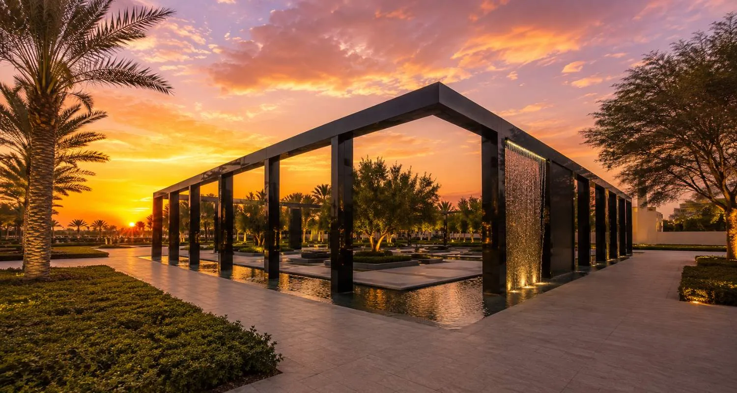 Wisdom Garden water feature at sunset in Umm Al Emarat Park