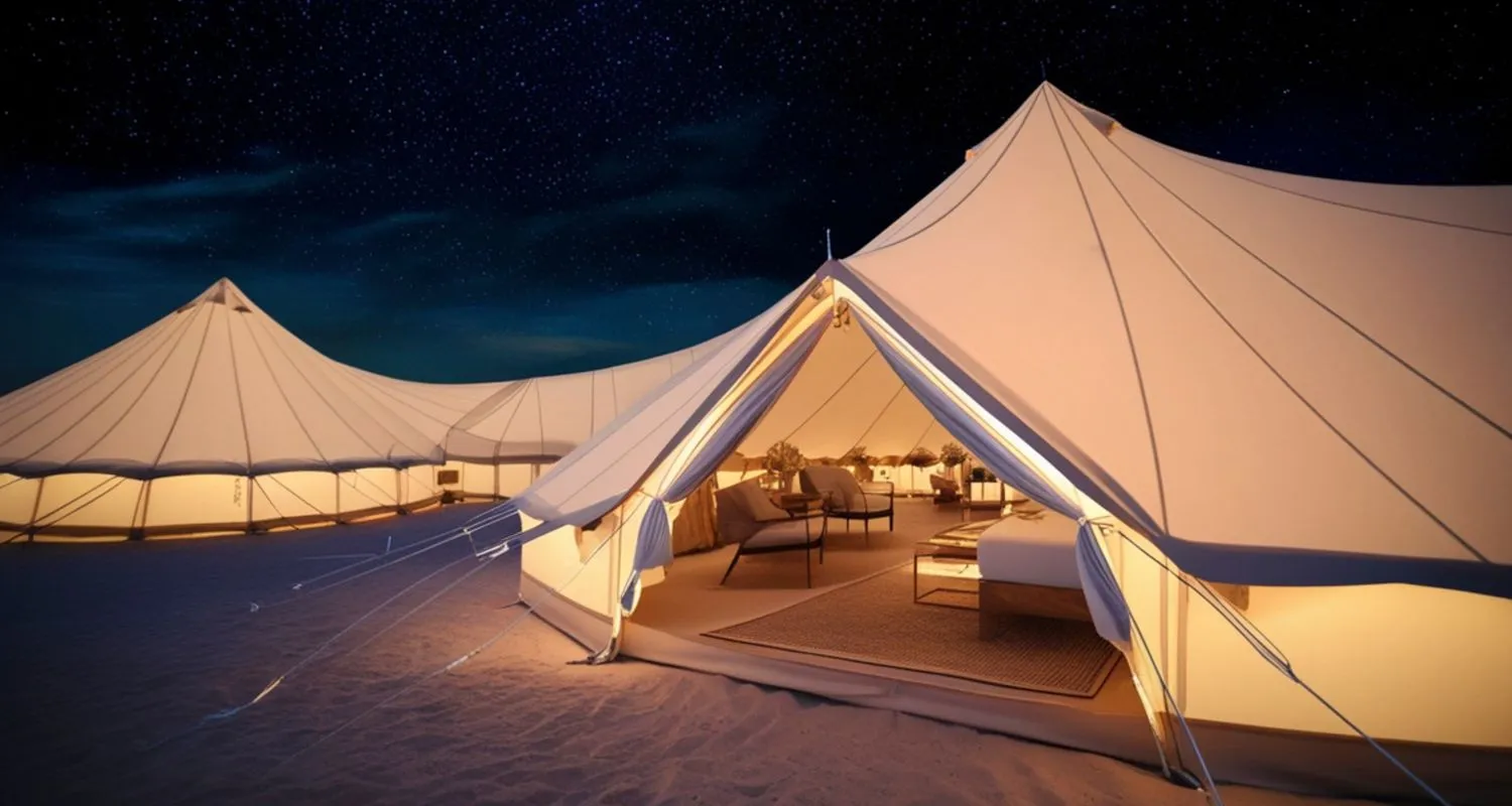 Illuminated tents of a desert camp under a starry sky at Liwa Oasis